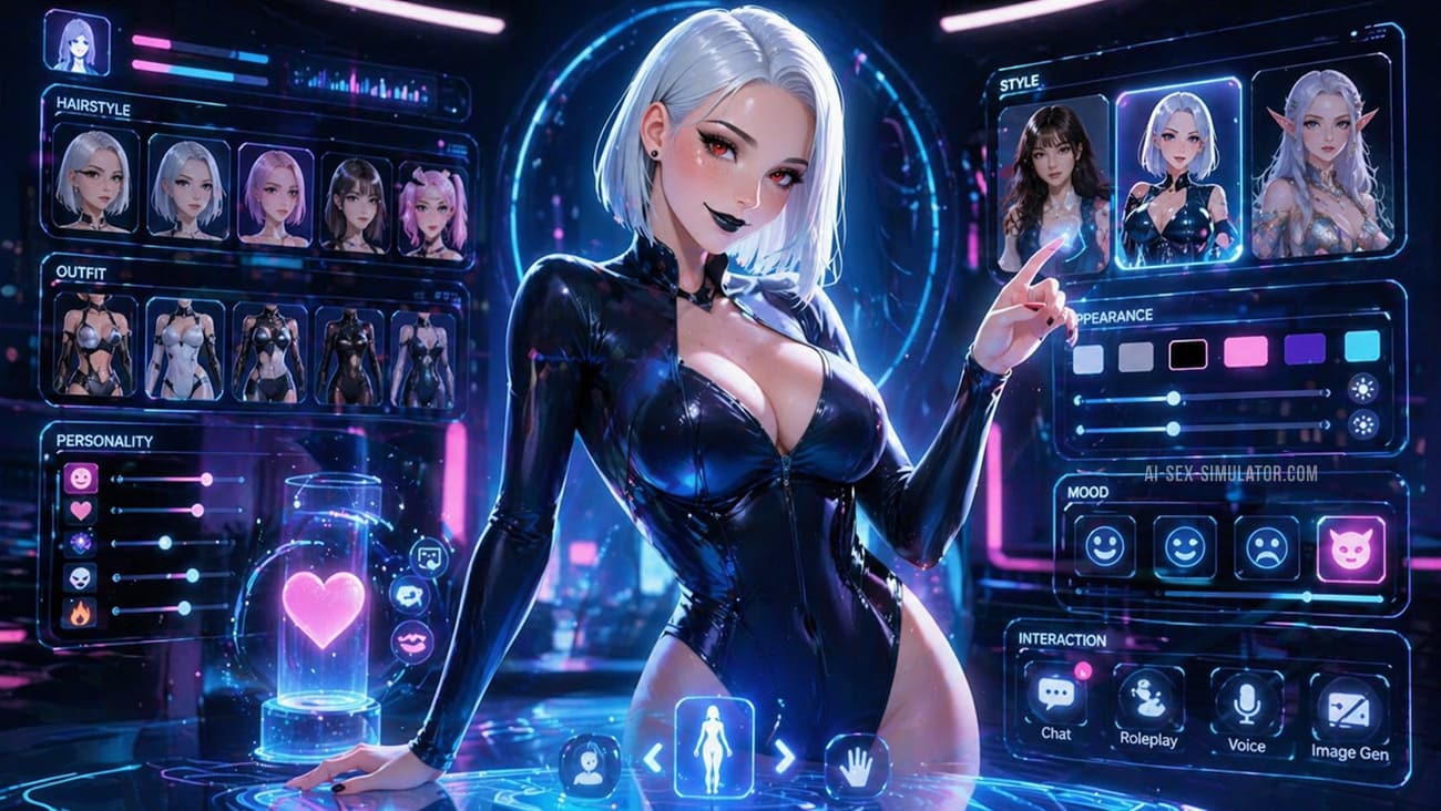 AI companion creation screen with body type, face and outfit customization