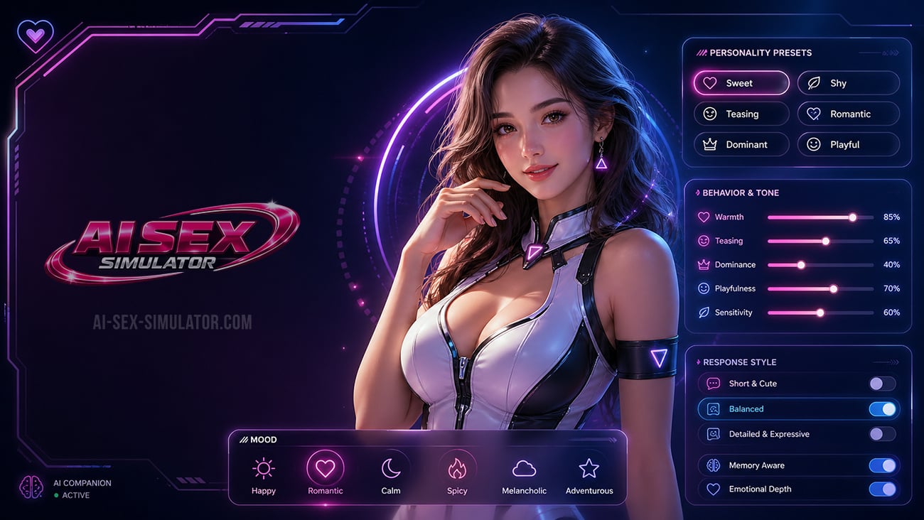 Personality settings panel showing relationship modes from romantic to dominant